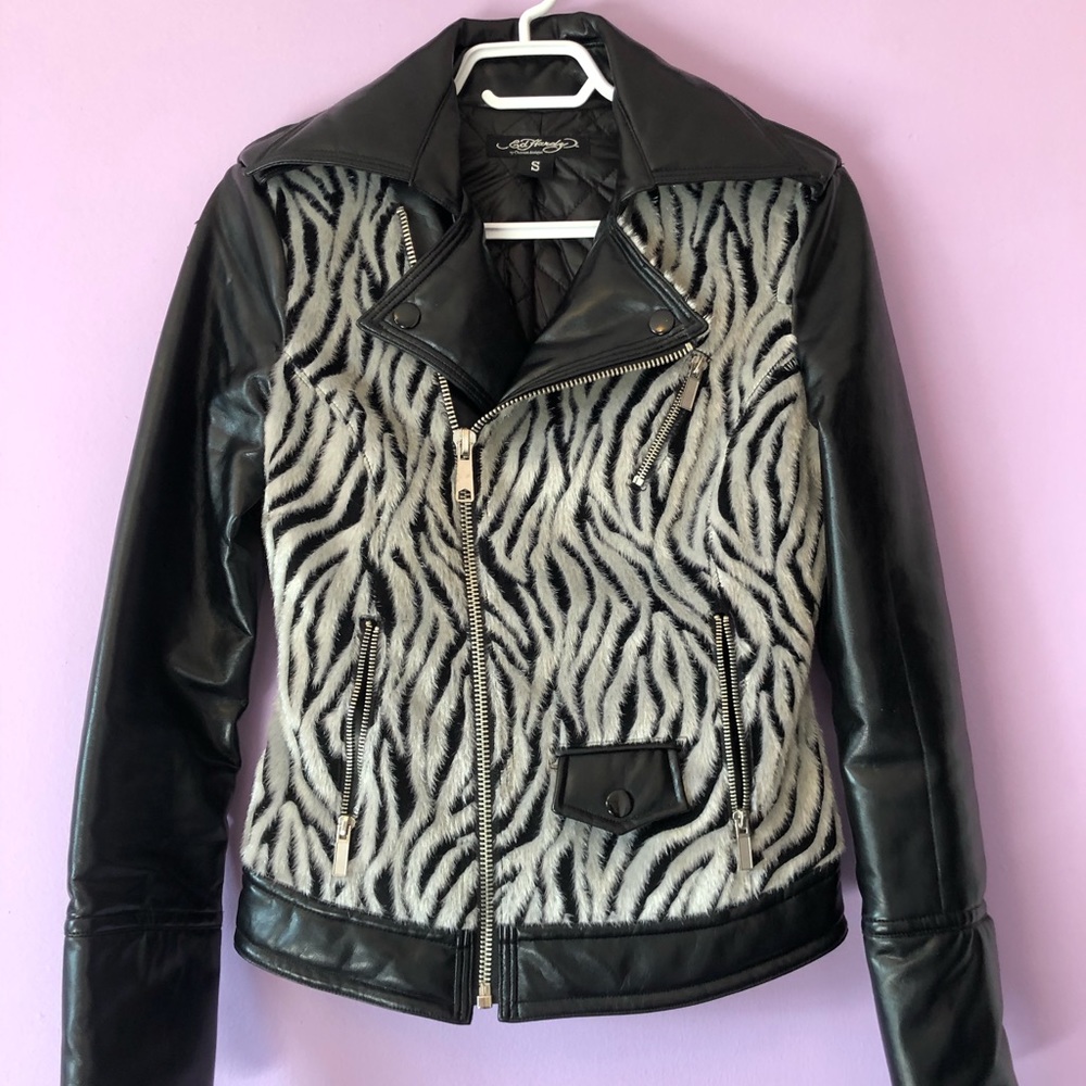 🖤 ED HARDY Vegan Leather Faux Fur Jacket